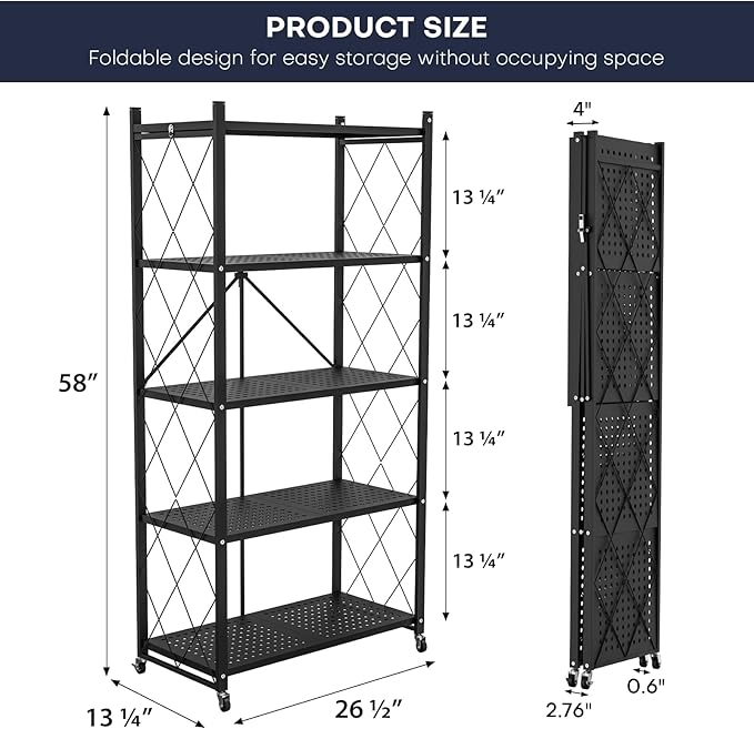 Lifetime Home 5-Tier Foldable Storage Shelf with Wheels - Metal Collapsible Shelving Unit Display, Rolling Cart for Books Kitchen Storage Shelves, Pantry & Closet Organizer, Office Room Decor - Black