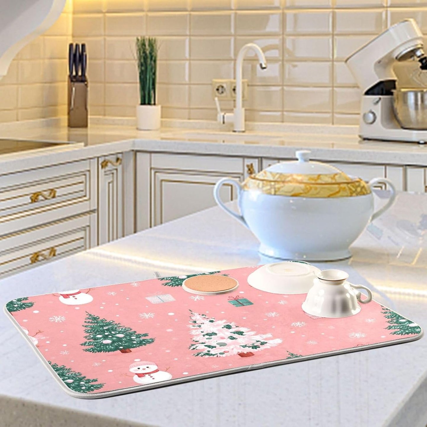 Christmas Tree with Snowman Dish Drying Mat Super Absorbent Drying Mat 16x18 inch Large Dish Drying Mats for Kitchen Counter Dish Drying Pads Kitchen Drying Matt for Countertop