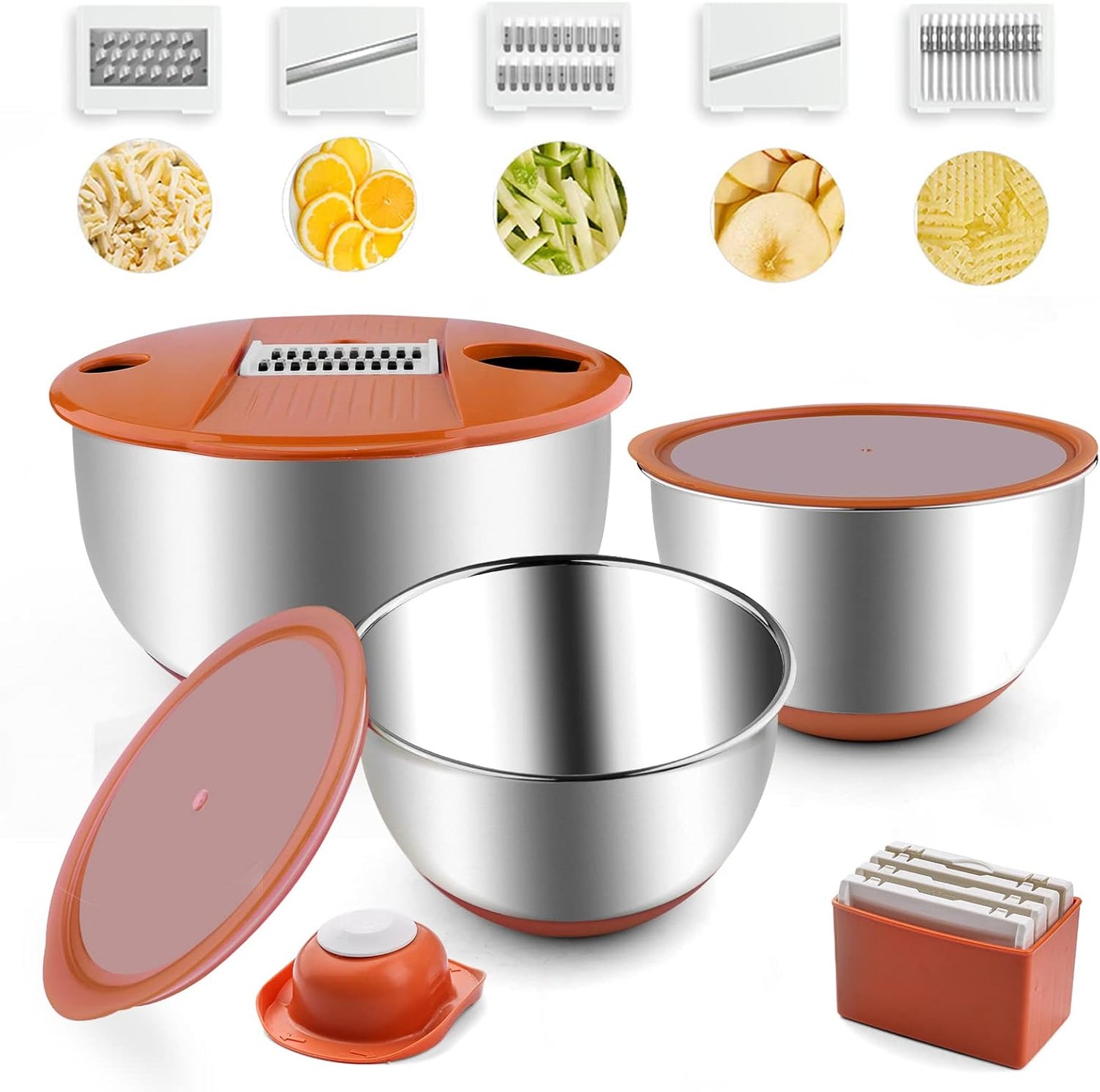 Mixing Bowls with Lids Set,3 Pieces Stainless Steel Nesting Bowls Vegetables Slicer Non-Slip Mixing Bowl for Baking Prepping Cooking(Orange)