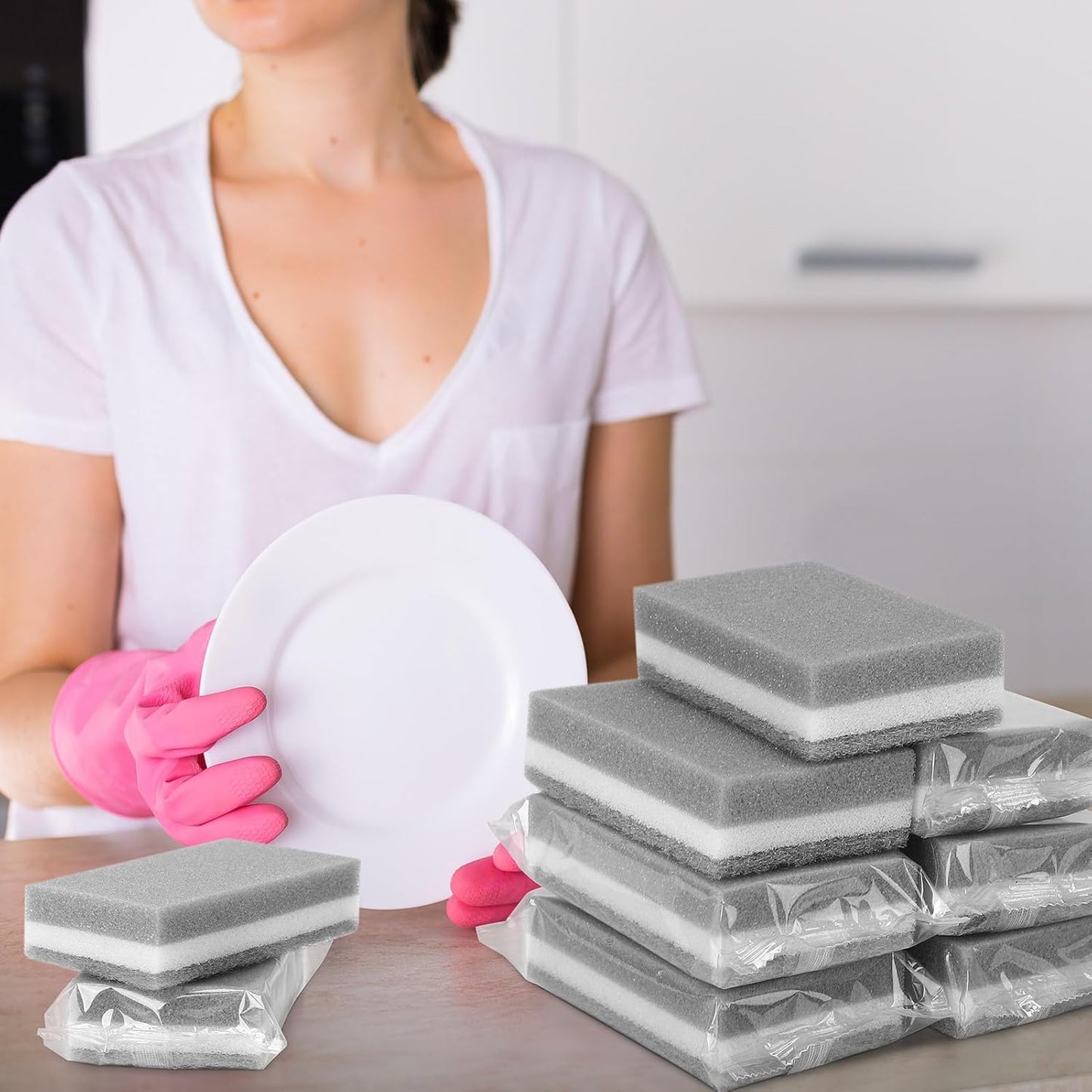 50 Pcs Individually Wrapped Sponges, Uncompressed Non Scratch Scrouing Sponges for Household Cleaning Dishes Kitchen Airbnb Apartment Car Bike Gray