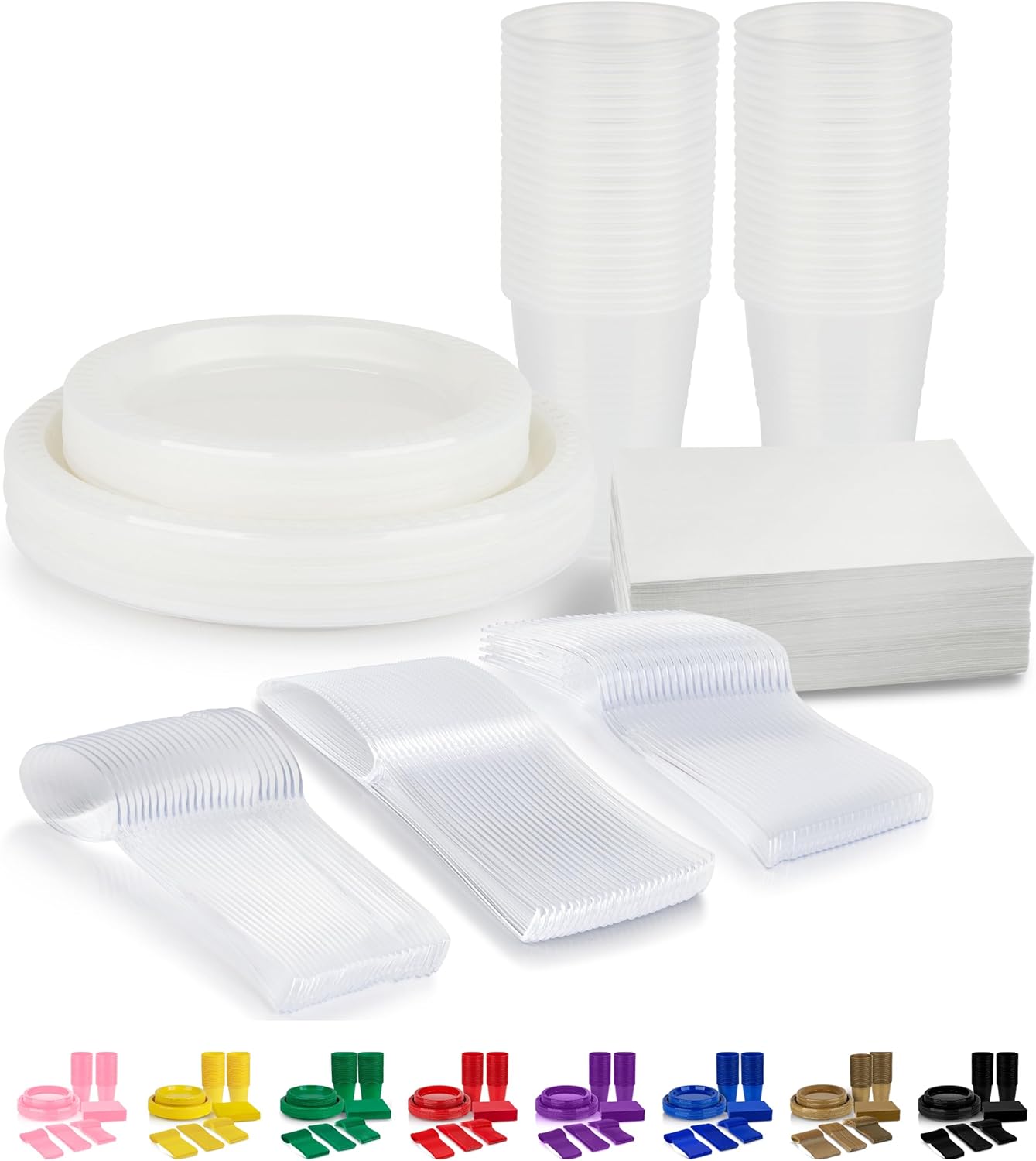 350 Piece Frost & Clear Disposable Dinnerware Set 50 Guests, Plastic Party Plates And Cups And Napkins Sets - 50 Count 9" Dinner Plates, 7" Dessert Plates, 12oz Cups, Paper Napkins,Forks-Knives-Spoons