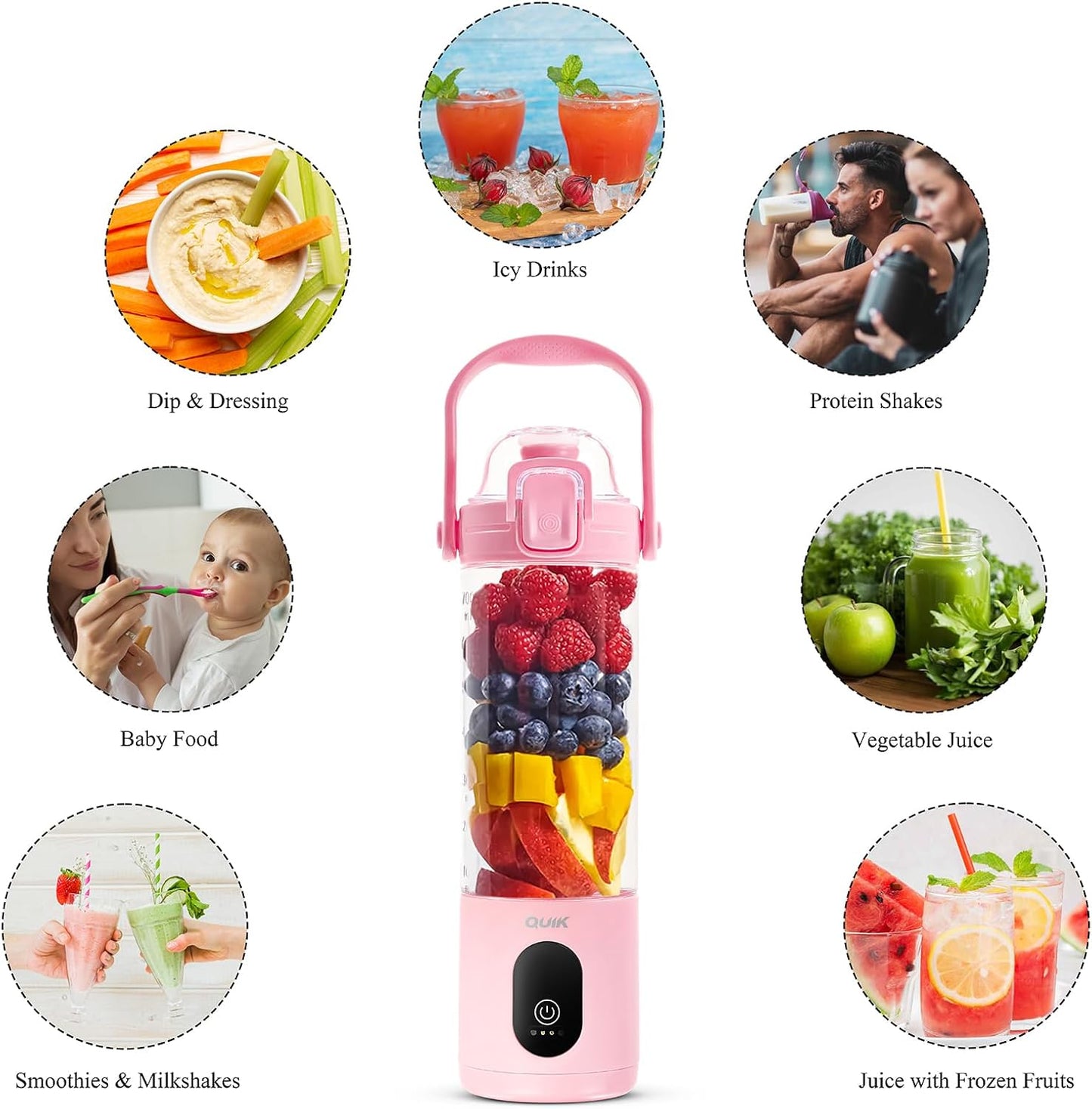 Portable Blender - Cordless 24oz. Personal Blender for Shakes and Smoothies, Licuadora, BPA Free - Ice Crush, Dishwasher safe parts, Waterproof, Triple Batteries, Juicer Cup (Pink)