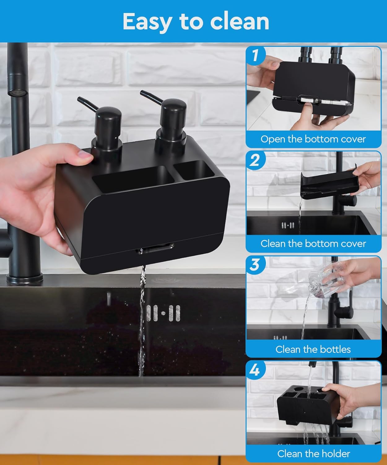 Kitchen Hand Soap and Dish Soap Dispenser Set, Dual Soap Dispenser with Sponge Caddy and Brush Holder 4-in-1 Organizer for Kitchen Sink Countertop, Useful Kitchen Gadgets - Black