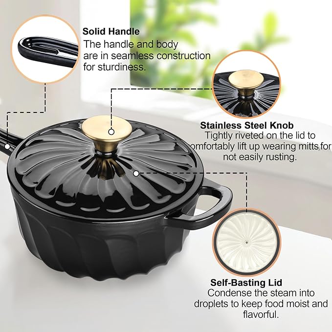 Enameled Cast Iron Sauce Pan, 2 Quart Enameled Saucepan with Lid, Mini Dutch Oven Enamel Saucepan for Cooking Pasta Sauce, Gravy, Puddings, Marinate, Boiling (Black)