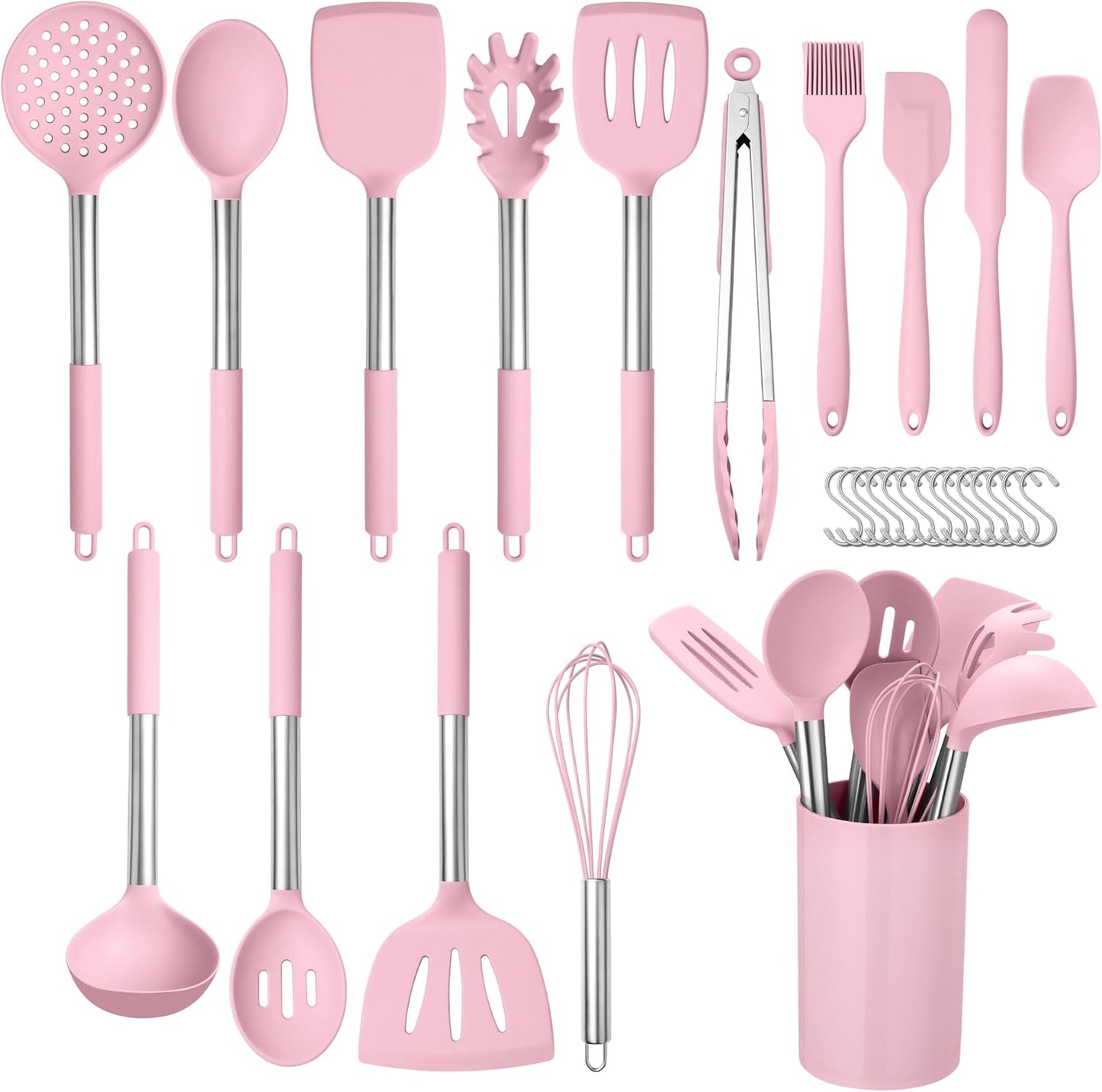 HaWare 29 PCS Silicone Cooking Utensils Set, Heat Resistant Kitchen Utensils Set with Stainless Steel Handle, Spatula Sets with Holder and Hooks, Kitchen Tools Gadgets for Nonstick Cookware -Pink