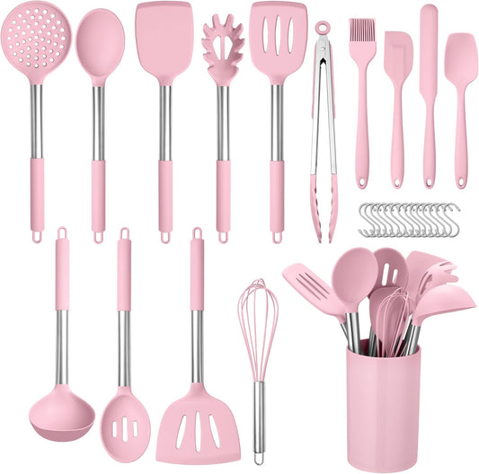 HaWare 29 PCS Silicone Cooking Utensils Set, Heat Resistant Kitchen Utensils Set with Stainless Steel Handle, Spatula Sets with Holder and Hooks, Kitchen Tools Gadgets for Nonstick Cookware -Pink