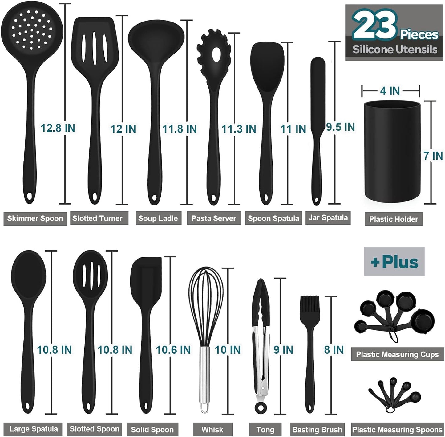 Silicone Kitchen Utensils Set, E-far 23 Pcs Black Cooking Utensils Tools with Holder for Nonstick Cookware, Include Spatula/Spoon/Ladle/Tongs/Turner, Heat Resistant & Nontoxic, Dishwasher Safe