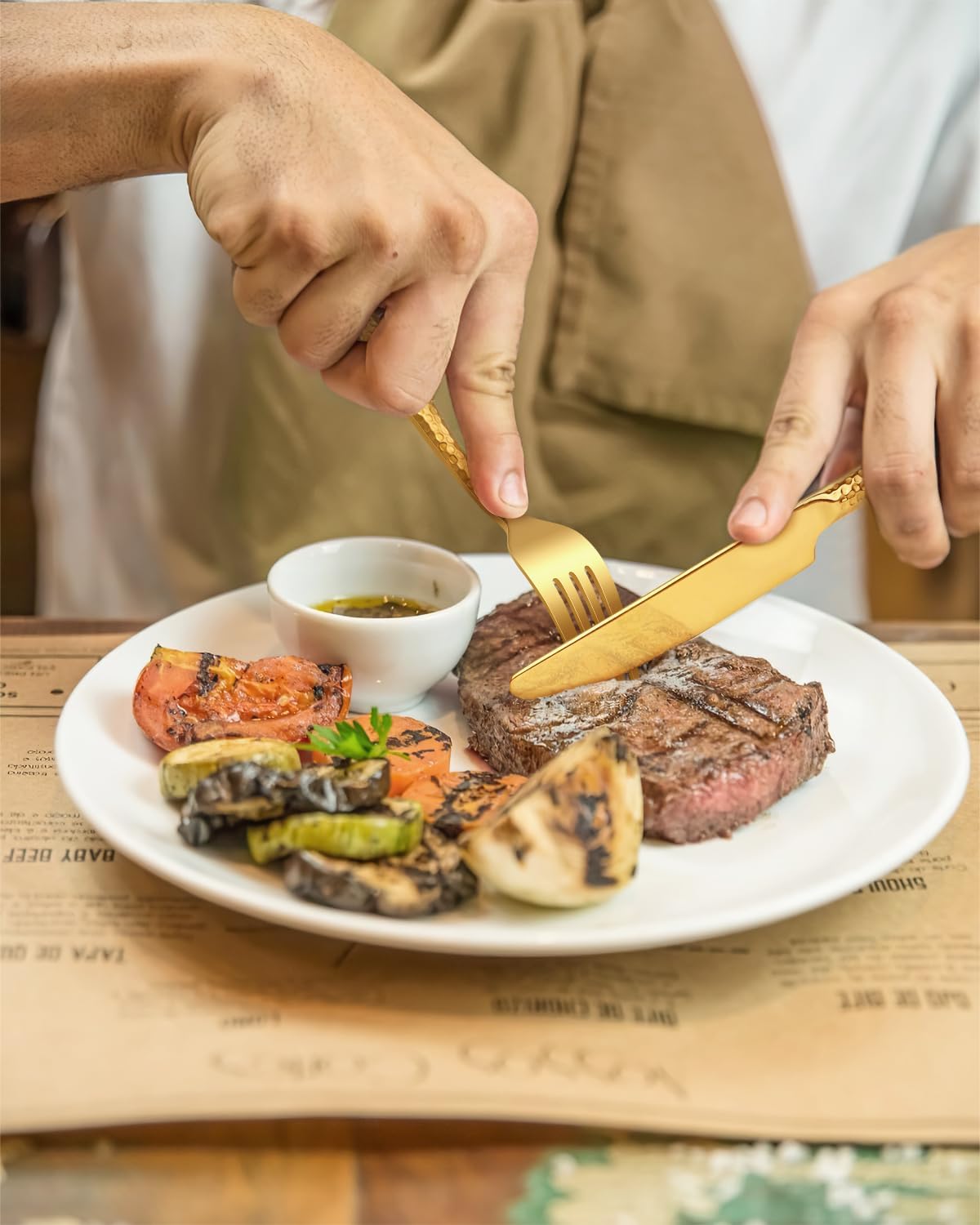 65-Piece Gold Silverware Set with Serving Utensils, Ollex Durable Stainless Steel Hammered Flatware Set for 12 with Knives Forks Spoons Large Serving utensil Set for Home Restaurant, Dishwasher Safe