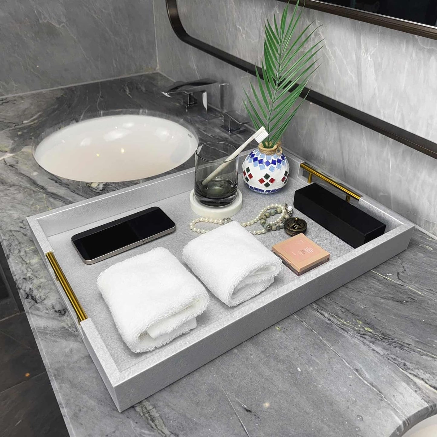 14x20 Inches Silver Faux Leather Wrapped Wood Serving Tray with Metal Handles for Various Occasions, Ottoman, Home Decor Decorative, Living Room, Coffee Table Organizer, Serving Breakfast On Bed