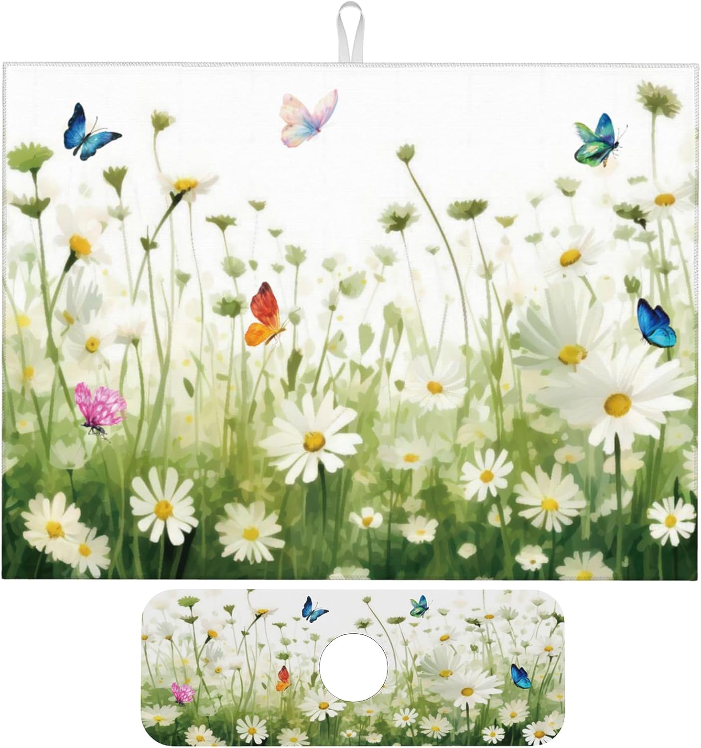 Vintage Watercolor Daisy Butterfly Dish Drying Mat for Kitchen Counter, 18"x24" Microfiber Absorbent Fast Dry Mat, 2Pcs Dish Mat Faucet Mats Sets, Large Drying Kitchen Mat Kitchen Drying Pad