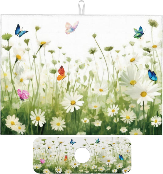 Vintage Watercolor Daisy Butterfly Dish Drying Mat for Kitchen Counter, 18"x24" Microfiber Absorbent Fast Dry Mat, 2Pcs Dish Mat Faucet Mats Sets, Large Drying Kitchen Mat Kitchen Drying Pad