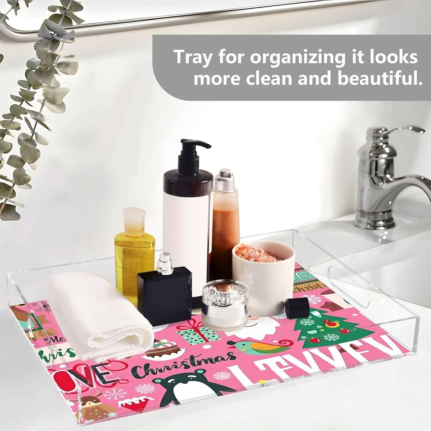 Christmas Patterns 3 Plastic Food Serving Tray Decorative Vanity Trays for Bathroom Coffee Table Kitchen Counter 11.8 * 15.7in