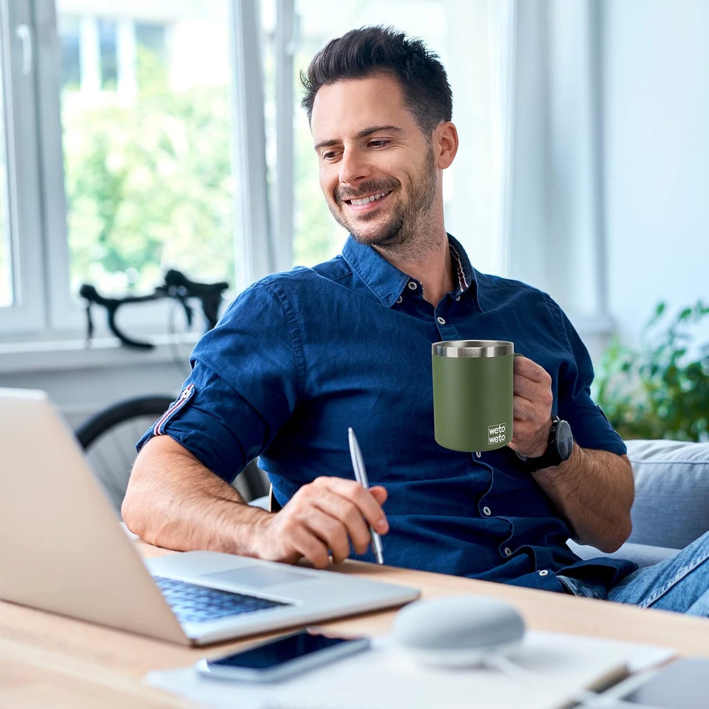 WETOWETO Coffee Mug with Handle, 14oz Insulated Stainless Steel Reusable Coffee Cup, Double Wall Coffee Travel Mug, Powder Coated Olive Green