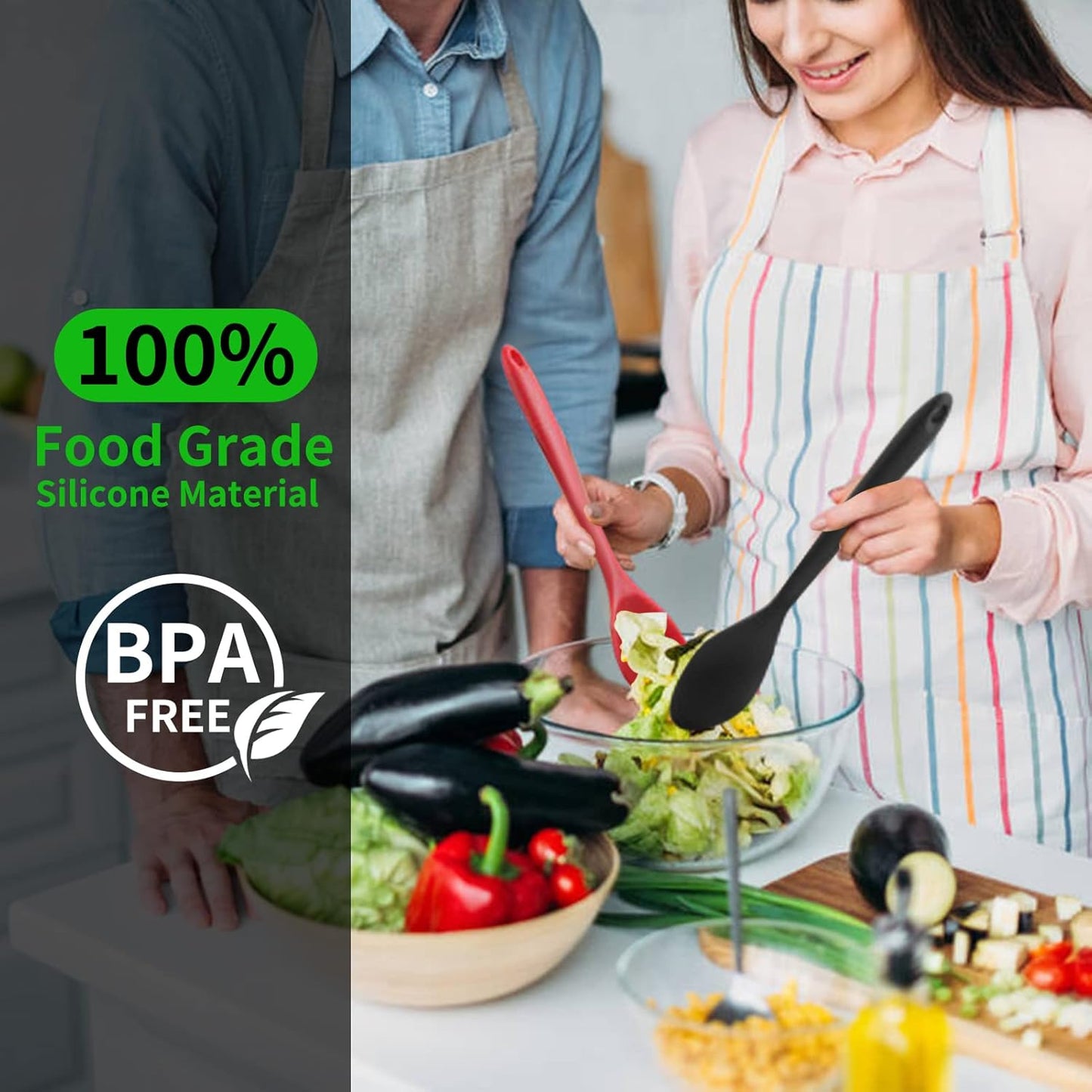 2 Pcs Silicone Nonstick Mixing Spoon, Silicone Spoons for Cooking Heat Resistant, Cooking Utensil for Kitchen Cooking Baking Stirring Serving (Red,Black)