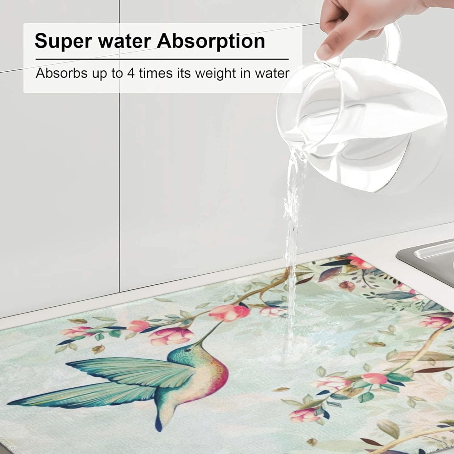 Hummingbird Flowers Dish Drying Mat 18x24 Inch, Microfiber Absorbent Fast Dry Mat Large Dish Mat Drying Kitchen Mat, Kitchen Drying Pad for Kitchen Counter Coffee Bar Decor Gifts