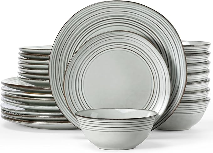 Famiware Plates and Bowls Sets 24-Piece Stoneware Dinnerware Sets, Dishes Set for 8, Hand-made Reactive Glaze Dish Set, Twilight Series, Ashy Blue