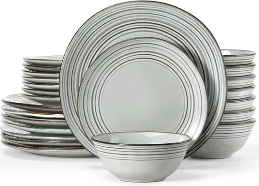 Famiware Plates and Bowls Sets 24-Piece Stoneware Dinnerware Sets, Dishes Set for 8, Hand-made Reactive Glaze Dish Set, Twilight Series, Ashy Blue