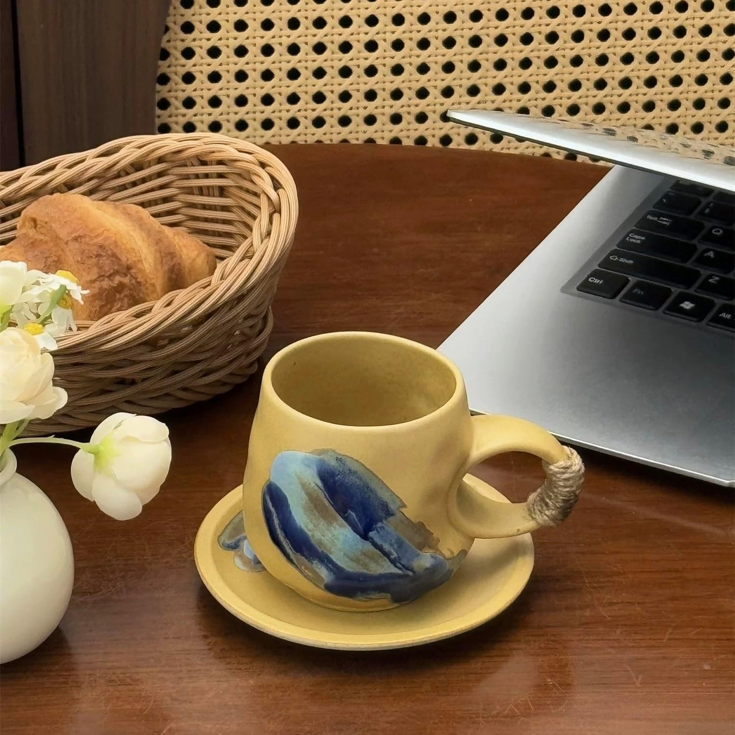 10oz Unique Vintage Retro Japanese Handmade Ceramic Cappuccino Barista Cup with Saucer, Coffee Cup and Saucer, Artisanal Stoneware Coffee Mug, Lead-Free Latte Art Mug (1, Light brown)