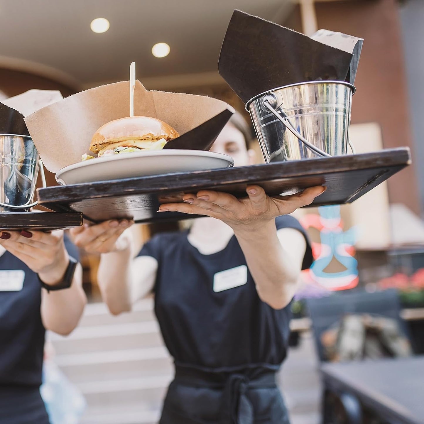 PATIKIL Plastic Fast Food Serving Tray, 2 Pcs 15" x 10.6" Reusable Rectangular Cafeteria Serving Platter for Party Kitchen Restaurant, Light Blue