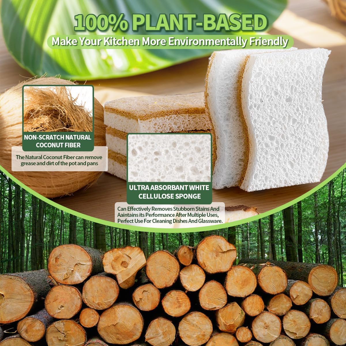 Sponges Kitchen Natural Dish Sponge Plant-Based Biodegradable Compostable Cellulose with Coconut Scrubber Sponge Non Scratch Eco Friendly Kitchen sponges for Kitchen Dishes（Pack of 12）