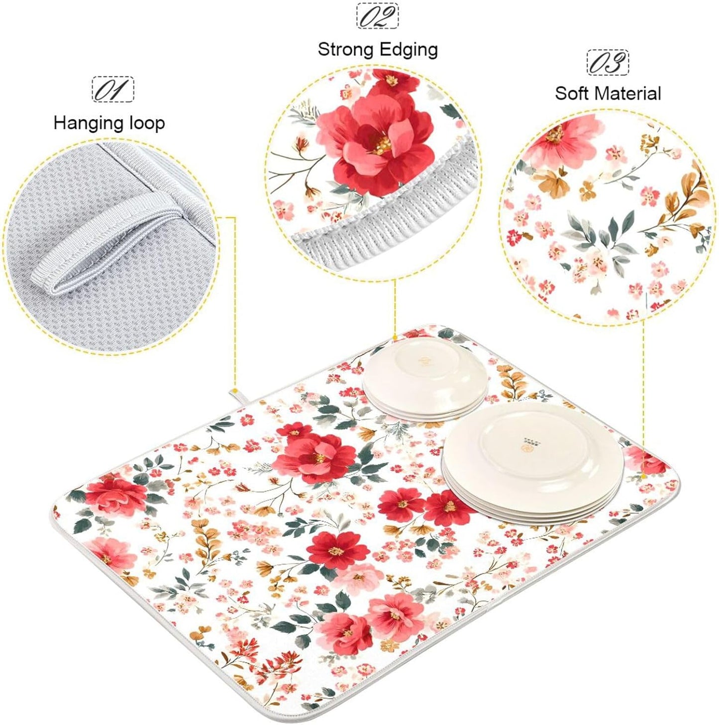 Spring Floral Colorful Flowers Dish Drying Mat for Kitchen Counter Absorbent Dish Drainer Mats Drying Pads 18"x24"