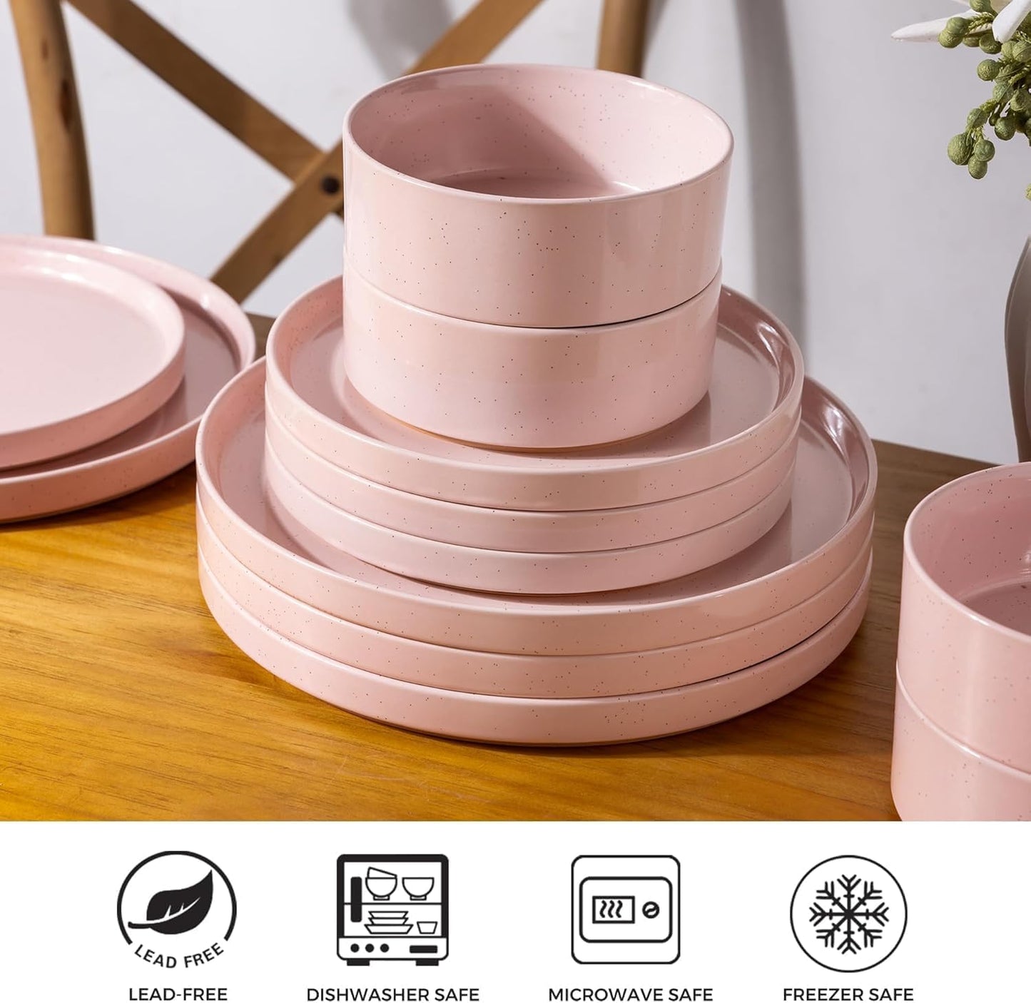 AmorArc Ceramic Dinnerware Set for 6 | Speckled Stoneware Plates and Bowls with Rustic Terracotta Underside| Scratch Resistant,Dishwasher & Microwave Safe Dishes Sets- 18pcs Pink