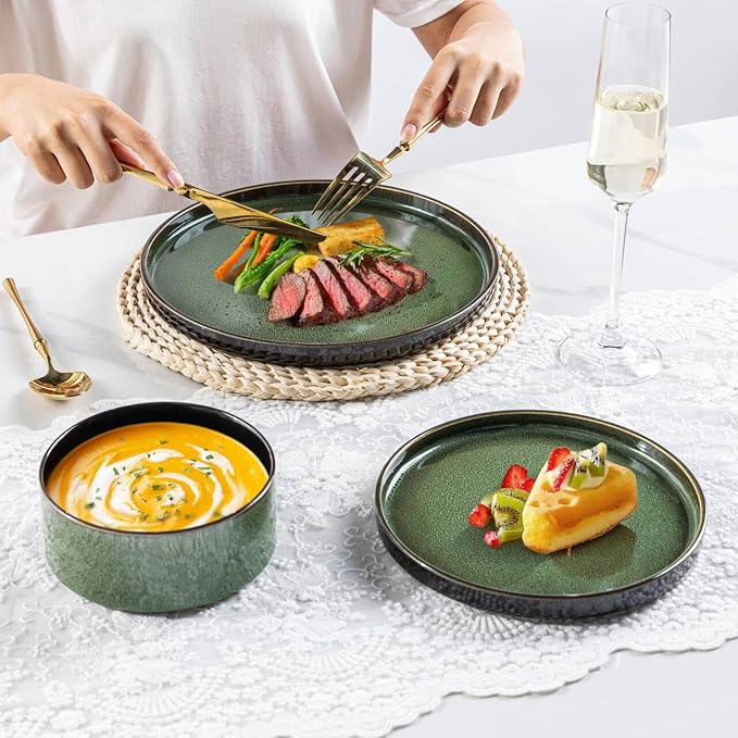 LERATIO Ceramic Dinnerware Sets for 4,Round Reactive Glaze Ceramic Plates and Bowls Set,Highly Chip and Crack Resistant | Dishwasher & Microwave Safe Dishes Set,Service for 4 (12pc)-Green
