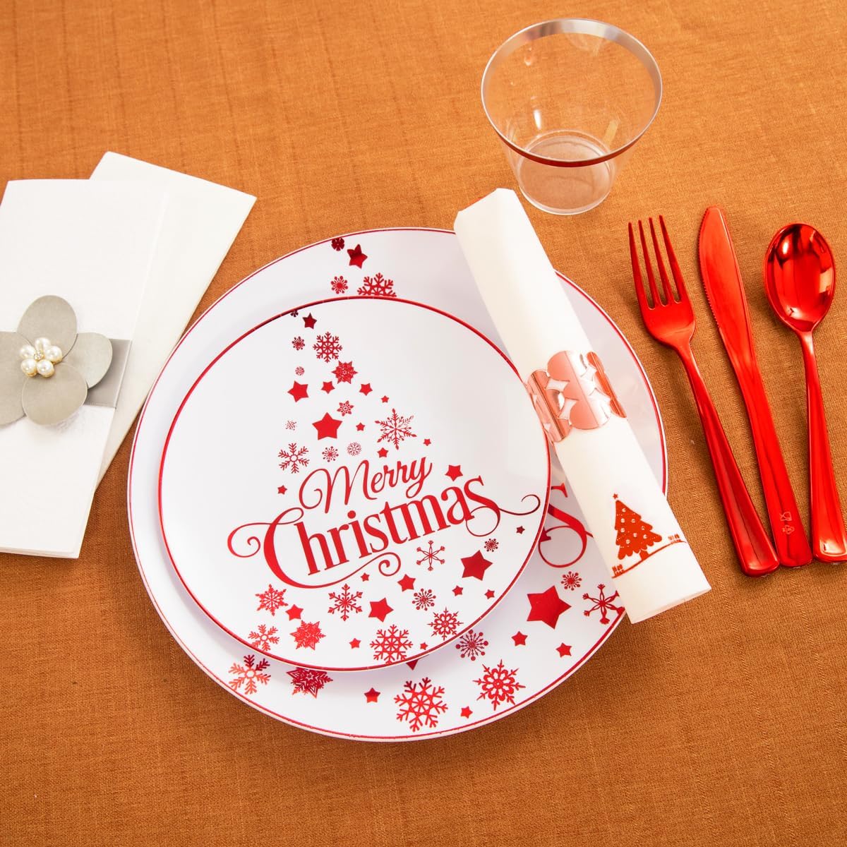 Morejoy 175PCS Christmas Plastic Dinnerware Set - White/Red Plates & Red Plastic Silverware Include 25 Plates, 25 Cups, 25 Forks, 25 Knives, 25 Spoons, 25 Napkins Perfect for Holidays