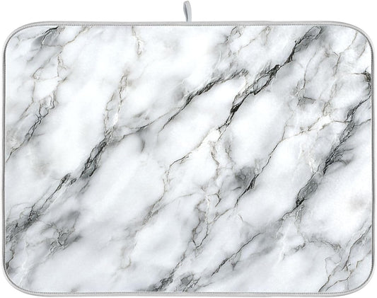 White Marble Pattern Dish Drying Mat for Kitchen Counter Super Absorbent Dishes Pad Reversible Microfiber Protector Dish Draining Mats 18x24 inch