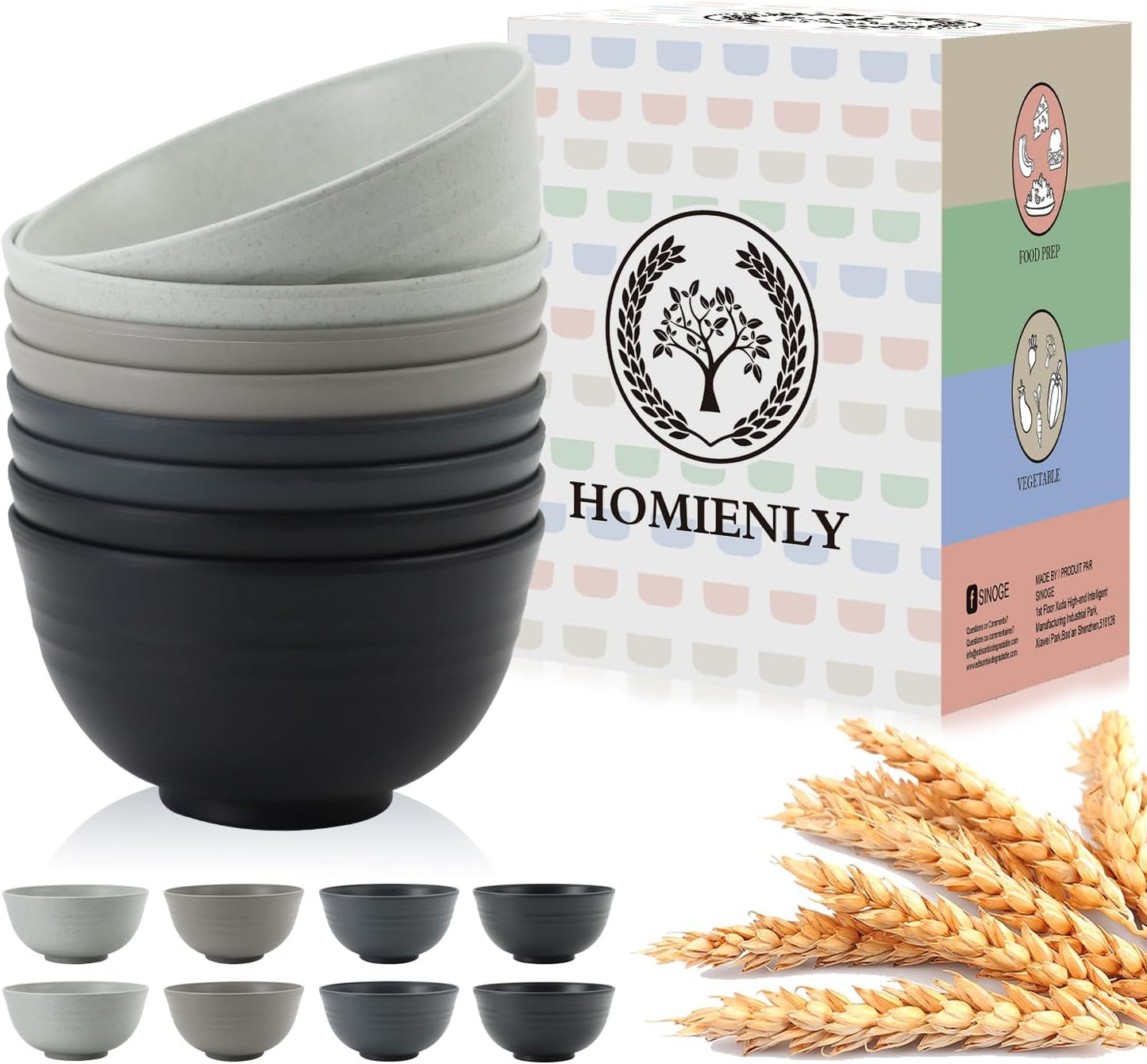 Homienly Cereal Bowl Set, Wheat Straw Fiber Unbreakable Lightweight Bowls Set (Grey Stone, 26 OZ)