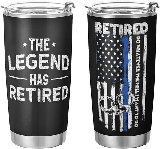 Retired Police Officer Tumbler - The Legend Has Retired American Flag Blue Line Retirement Gift for Men Dad - Stainless Steel Travel Mug 20oz