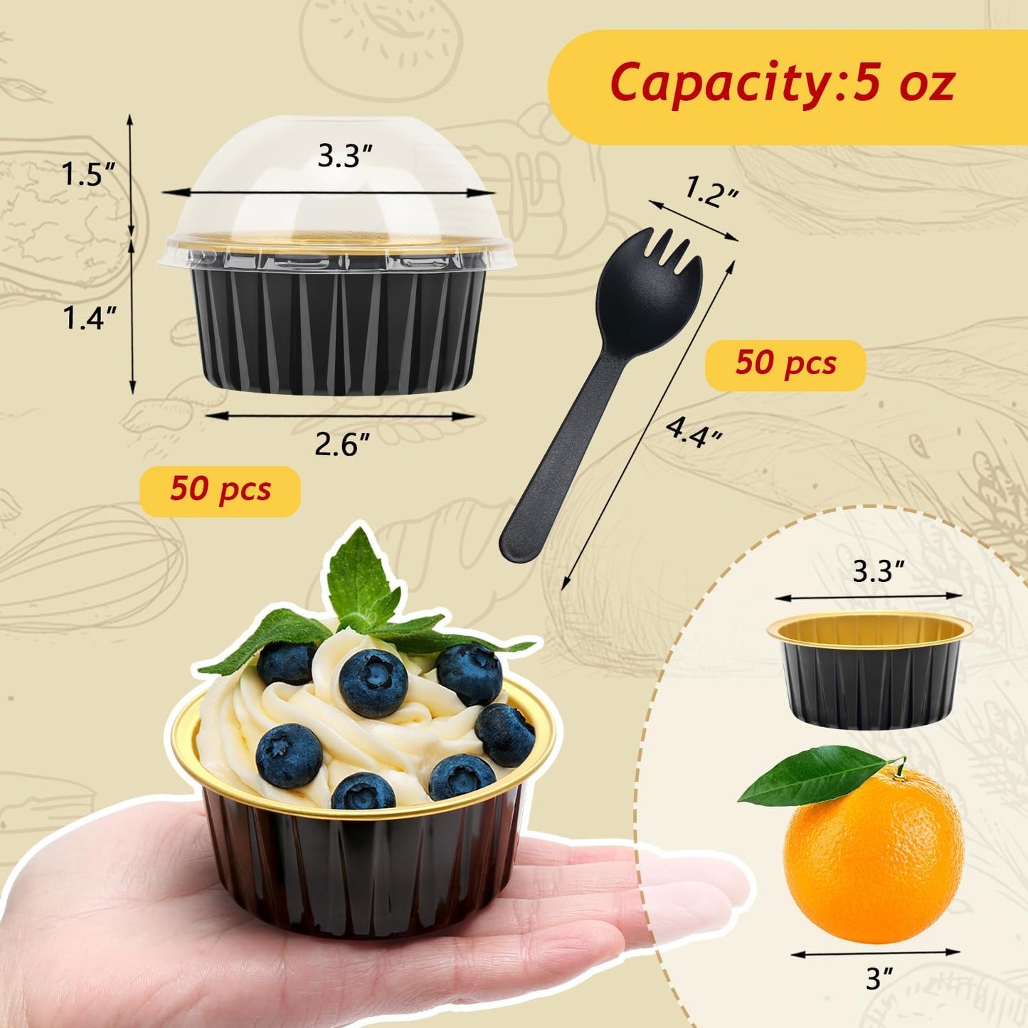 5oz Foil Ramekins with Lids 50 Pack,Free-Air Aluminum Foil Cupcake Liners Muffin Cups,Disposable Muffin Tins Jumbo Cupcake Baking Cups Muffin Pans for Custard Creme Brulee,with 50 Spoons-Black