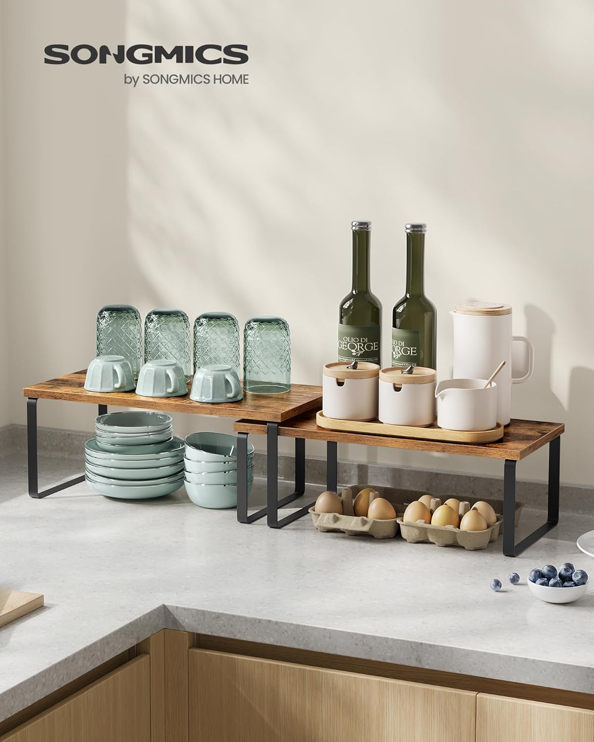 SONGMICS Cabinet Organizer Shelf, Set of 4 Kitchen Counter Shelves, Kitchen Storage, Spice Rack, Stackable, Expandable, Metal and Engineered Wood, Ink Black and Rustic Brown UKCS022X01