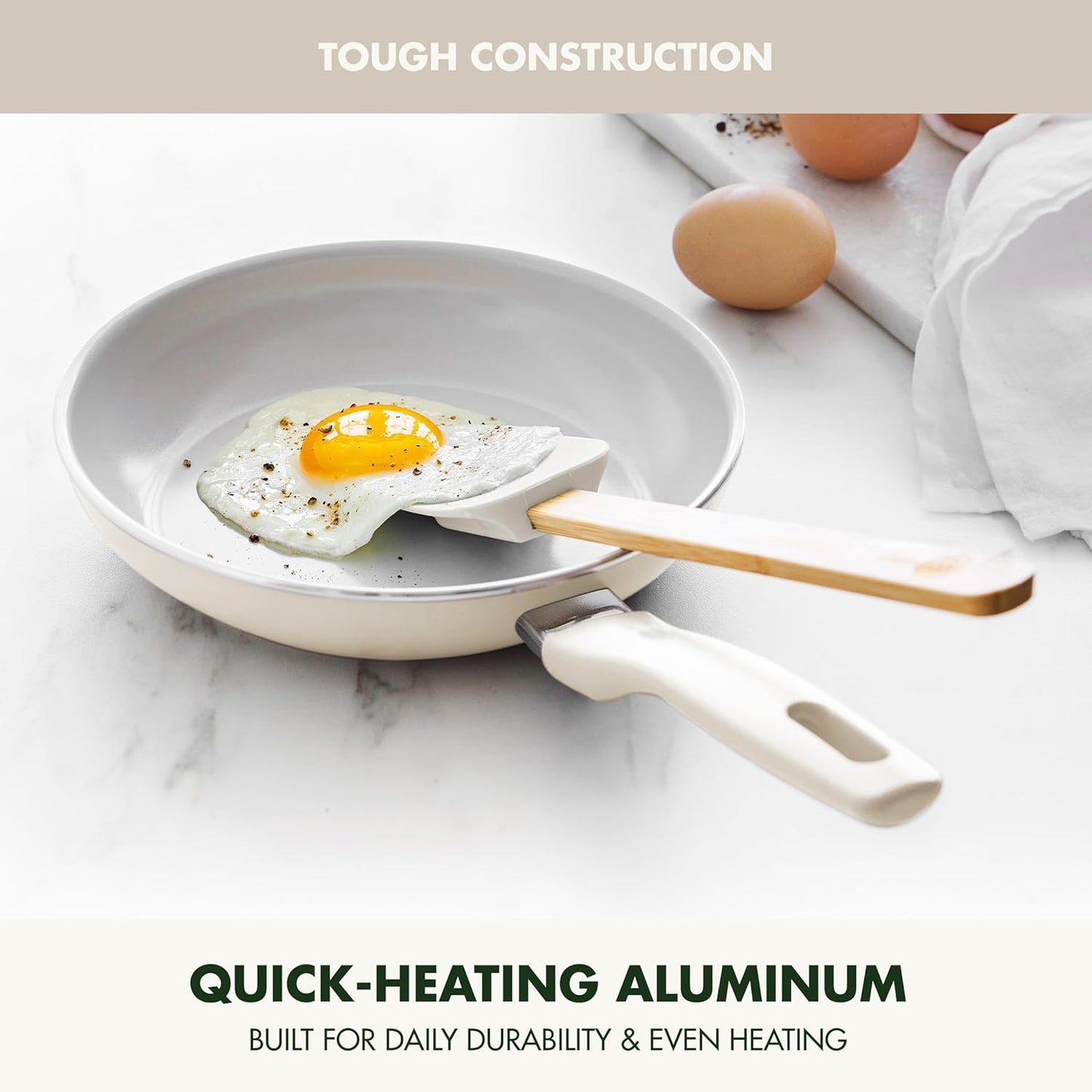 GreenPan Dover 8” Frying Pan Skillet with Spatula, Non-Toxic PFAS-Free Ceramic Nonstick Coating, Sear Saute Fry Egg Omlete, Dishwasher & Oven Safe, Stay Cool Handle, Easy Pour Rims, Cream White