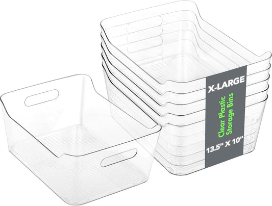 Tiawudi 4 Pack Plastic Storage Bins, Extra Large Pantry Organizer, 13.5" x 10" Clear Storage Containers and Organizer Bins, Multi-Use Bins for Home, Kitchen, Closet and Cabinet
