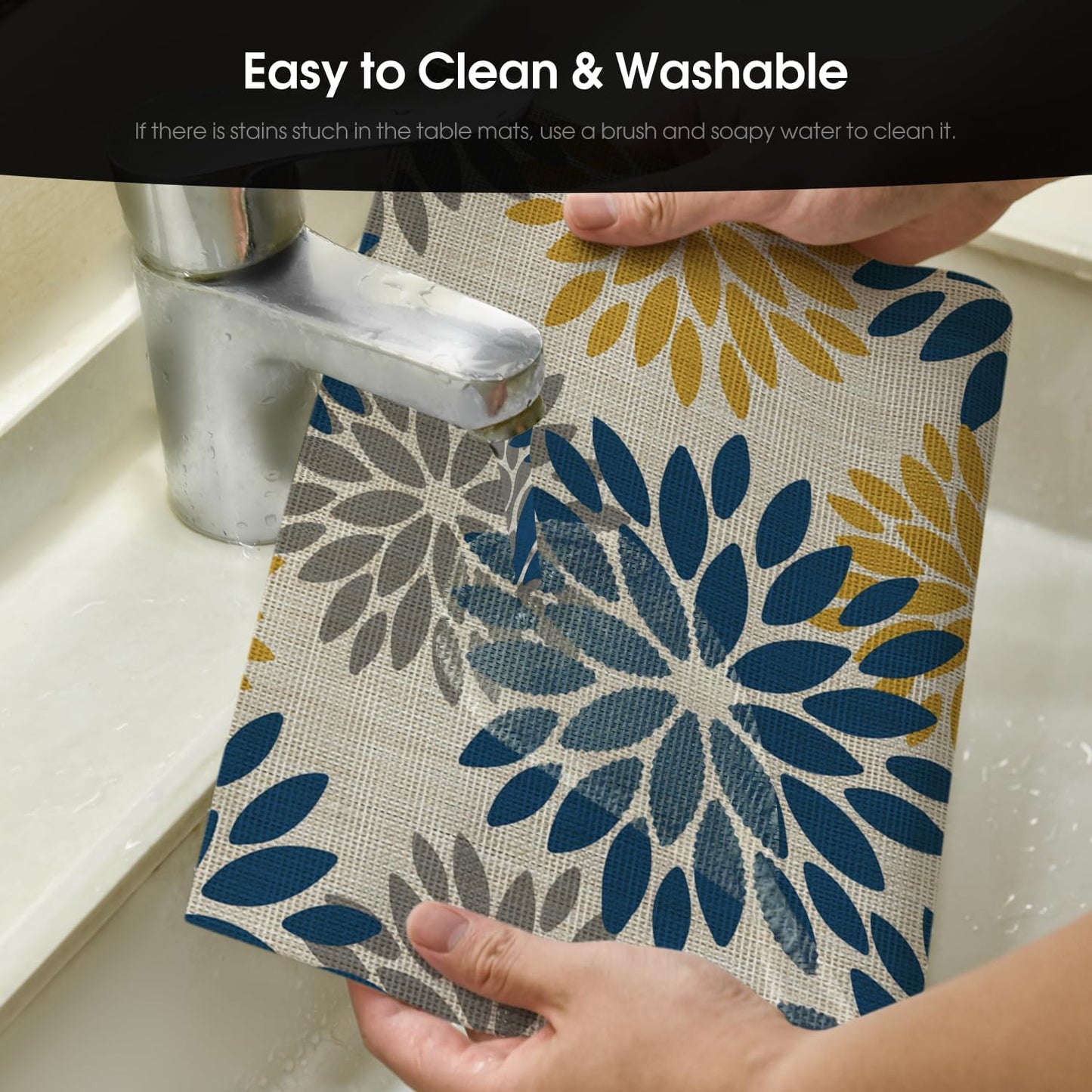 Artoid Mode Floral Vinyl Placemats Set of 6, Heat Resistant Washable Non-Slip Plistic PVC Place Mats for Party Kitchen Dining Decor, Blue Yellow