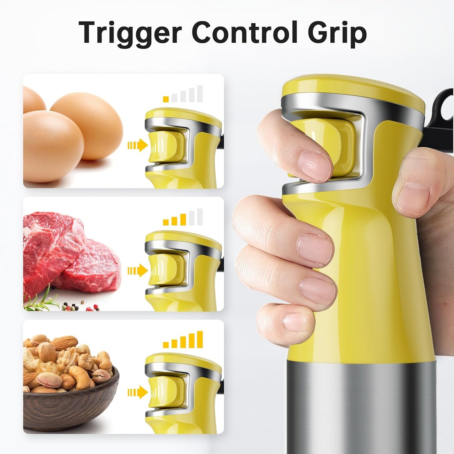 Immersion Blender Handheld Corded Hand Blenders Set 1100W, Trigger Variable Speed 5 in 1 Stick Emulsifier with Chopper, Whisk and Frother for Soup, Baby Food and Smoothies, Yellow