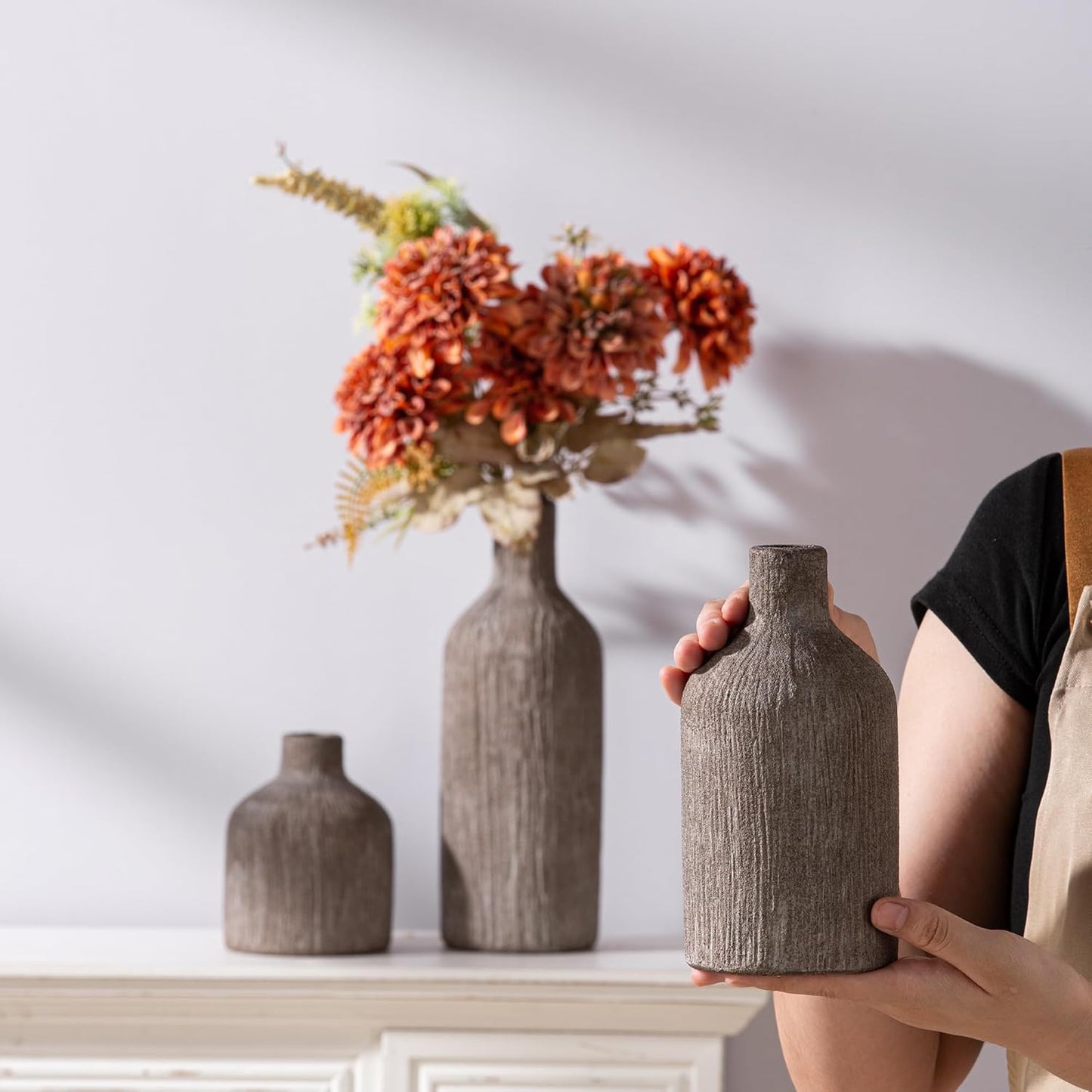 Ceramic Vase Home Table Decor - Brown Flower Vase Set of 3 Living Room Kitchen Decorations Farmhouse Modern Rustic Vases Decorative Centerpiece for Shelf Bedroom Office Bathroom Dining Coffee Desk