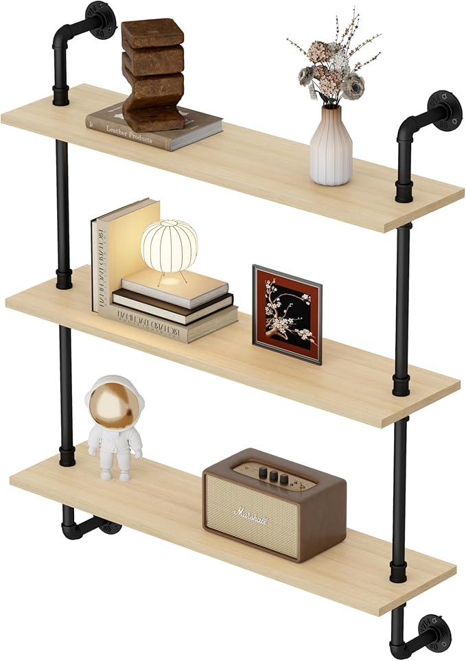3-Tier Industrial Pipe Floating Shelf – Rustic 30 inch Wood Wall-Mounted Storage Shelf for Kitchen Office,Bathroom & Home Decor -White Oak