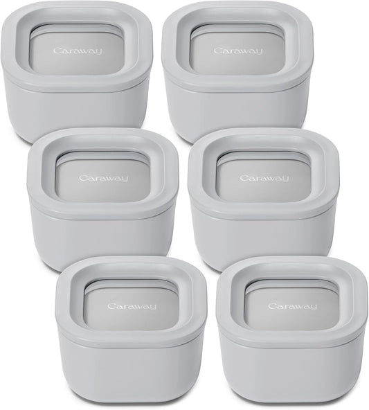 Caraway 6pc Food Storage Container Set - 1.75 Cup Glass Storage Container for Food (6) - Non-Toxic Ceramic-Coated Glass - Air Release Technology - Compact & Stackable Design - Gray