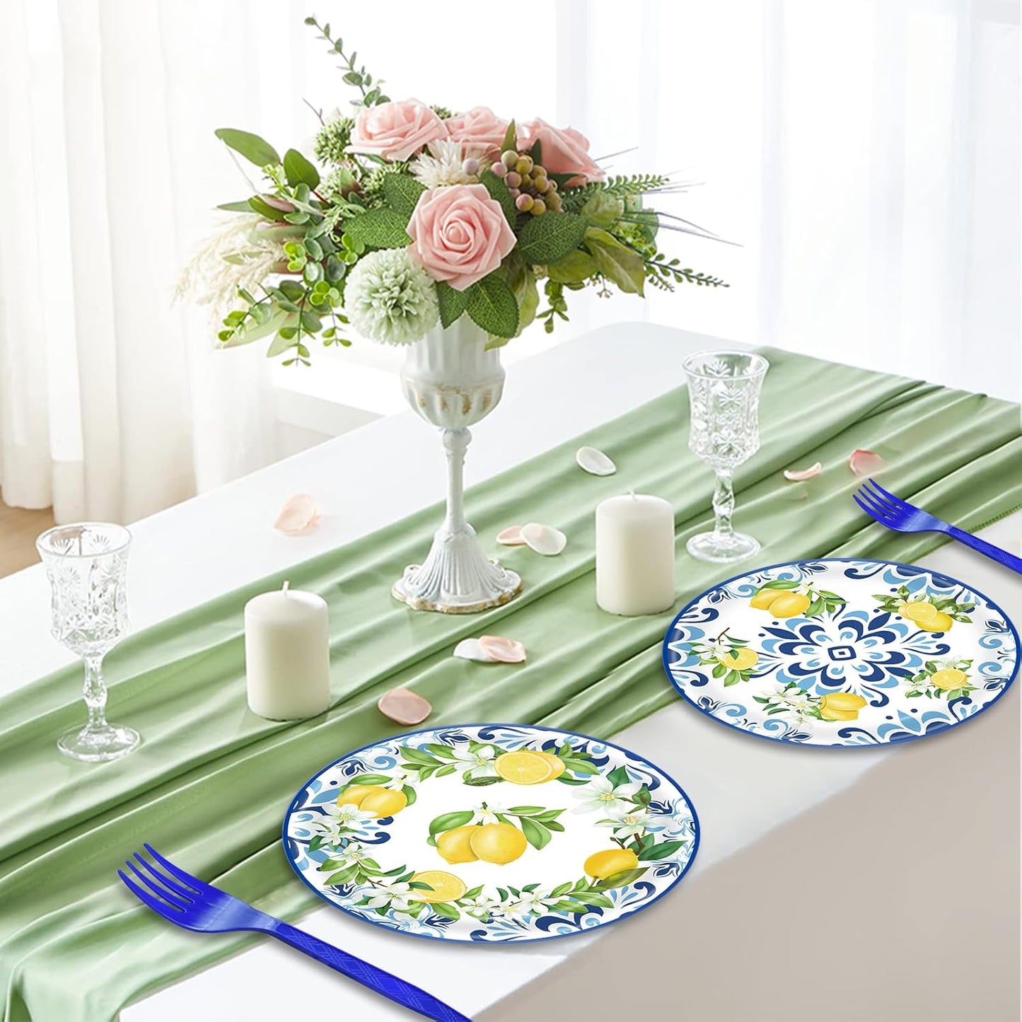 100 Pcs Lemon Tableware Party Supplies – Citrus Theme Blue Tile Disposable Plates, Napkins, and Blue Forks for Summer Parties, Picnics, BBQ, Brunch, Weddings, Birthdays, and Baby Showers – Serves 25