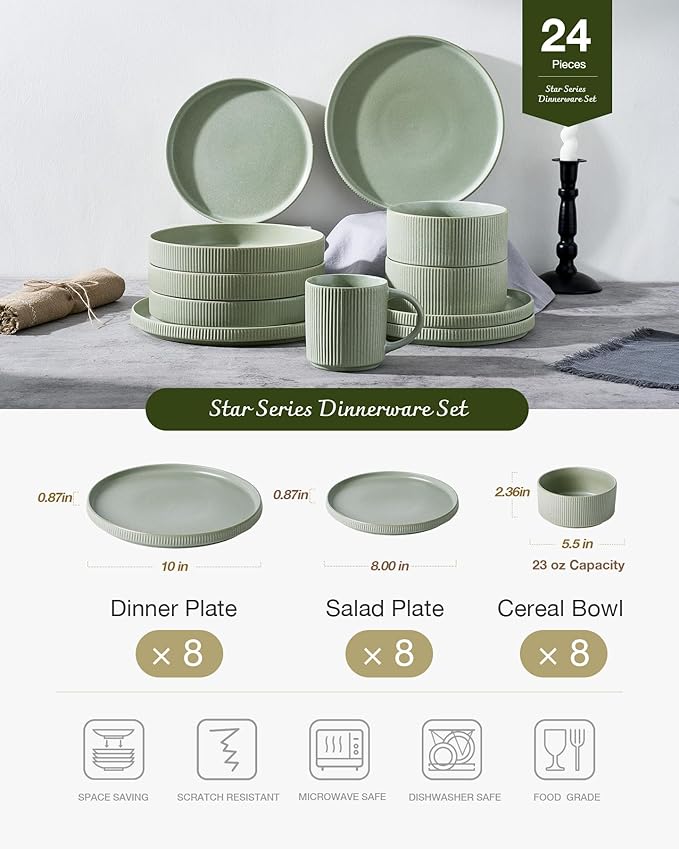 Famiware Star Dinnerware Set, Plates and Bowls Sets for 8 (24pcs), Ribbed Stoneware Dishes - Chip & Scratch Resistant, Microwave & Dishwasher Safe, Matte Sage Green