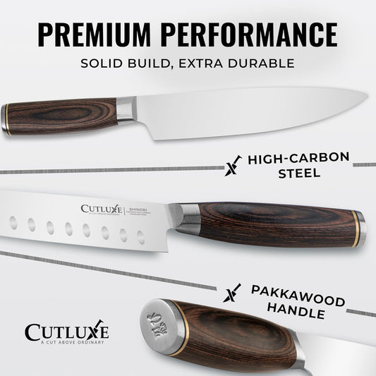 Cutluxe 3-Piece Chef Knife Set – Ultra Sharp Japanese Kitchen Knives, High Carbon Stainless Steel Blades, Full Tang Pakkawood Handles – Shinobi Series