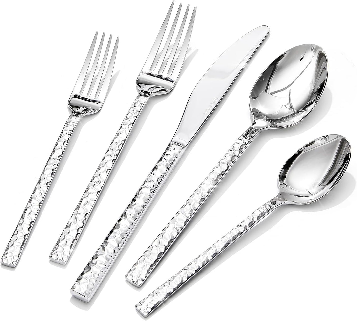 KINGSTONE 20 Piece Hammered Silverware Set, 18/10 Stainless Steel Flatware Set for 4, Cutlery Set for Home, Party, Wedding, Mirror Polished Dishwasher Safe