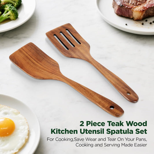 Teak Wood Spatulas Set for Nonstick Pan, Cooking Spoon, Slotted Turner(Spatula and Slotted Spatula)