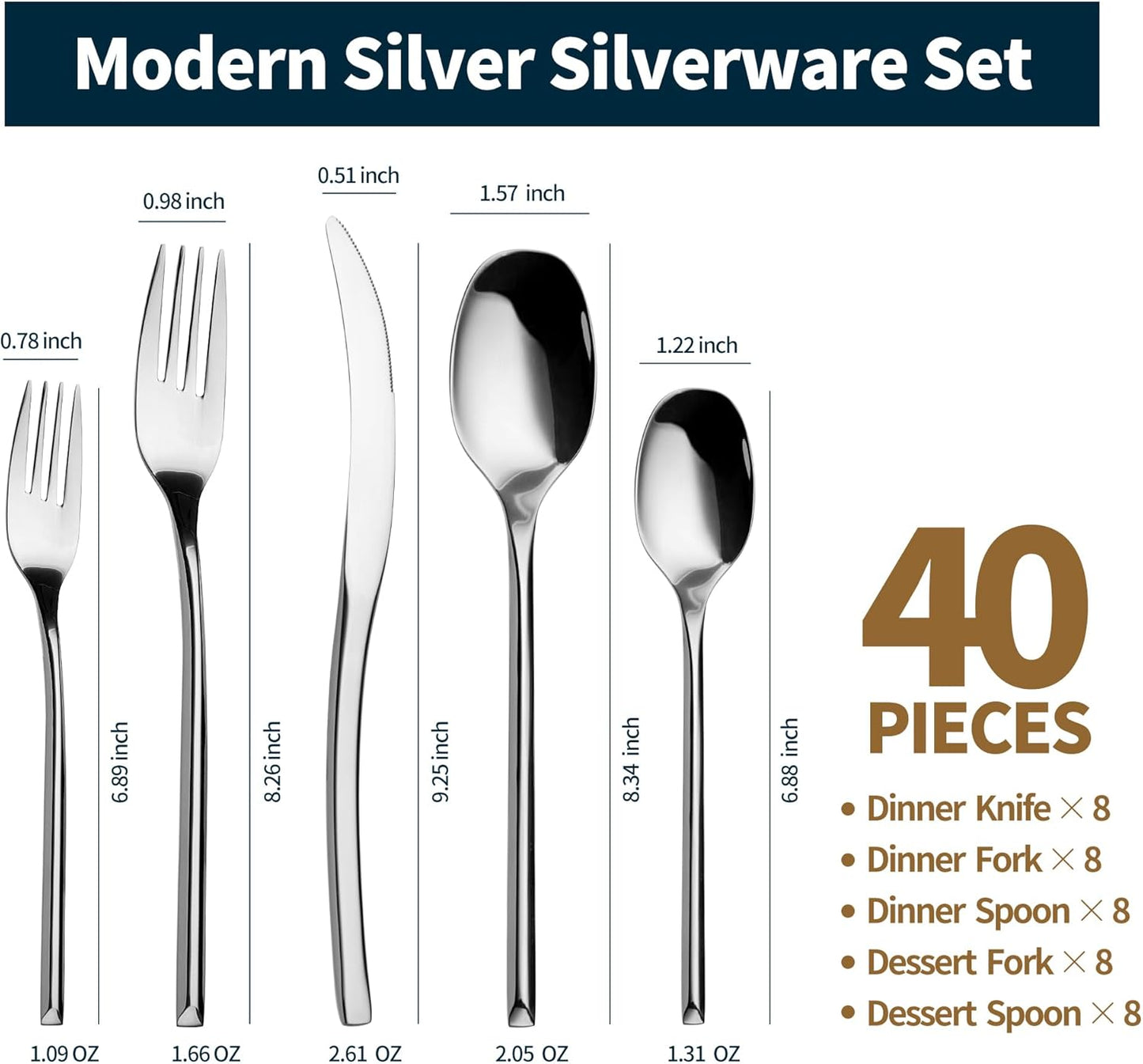 Lemeya 40-Piece Silverware Set for 8,Modern 18/10 Stainless Steel Flatware Set,Luxury Cutlery Set,Unique Utensils Set for Restaurant,Spoons and Forks Set,Mirror Polished,Dishwasher Safe