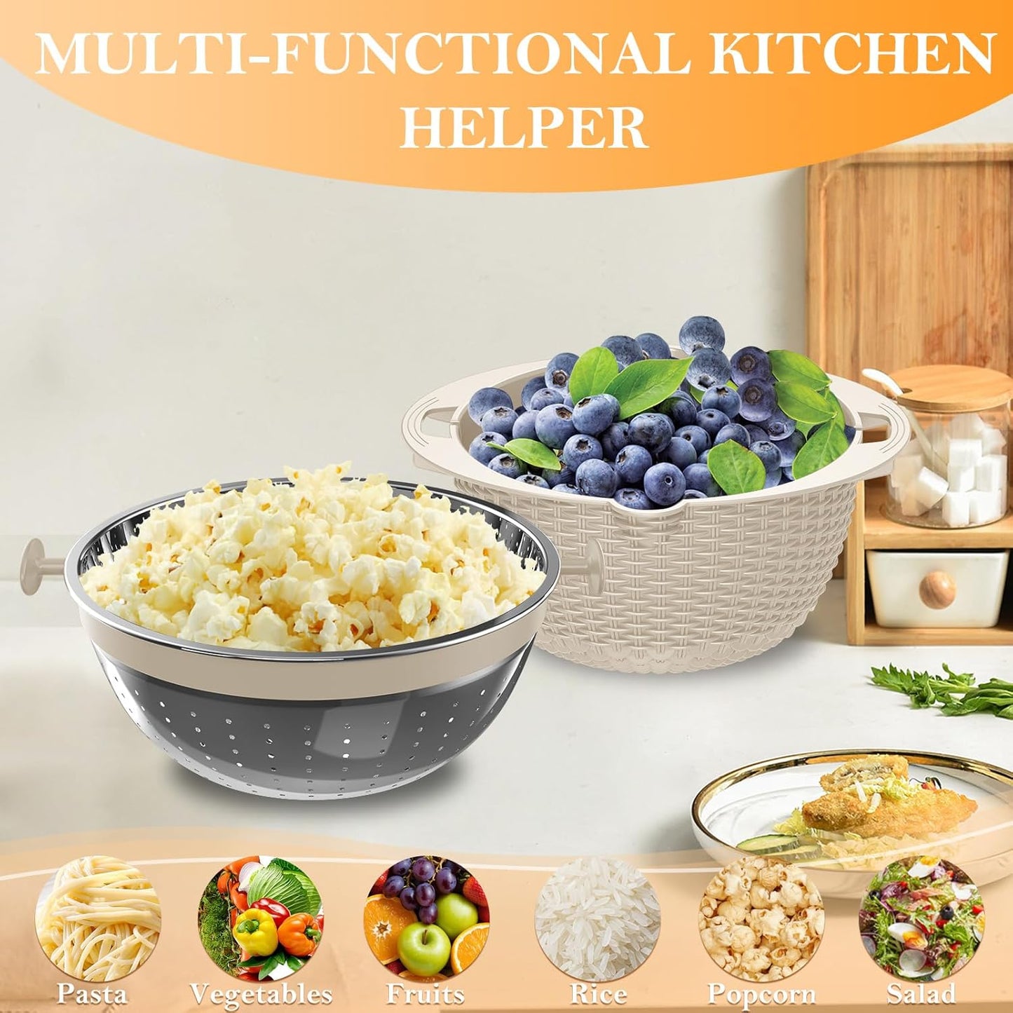 4-1 Colander with Bowl Set, Food Strainers and Colanders, Fruit Washing Bowl with Strainer, Rotatable Colander for Kitchen, Aesthetic Kitchen Gadget - Beige