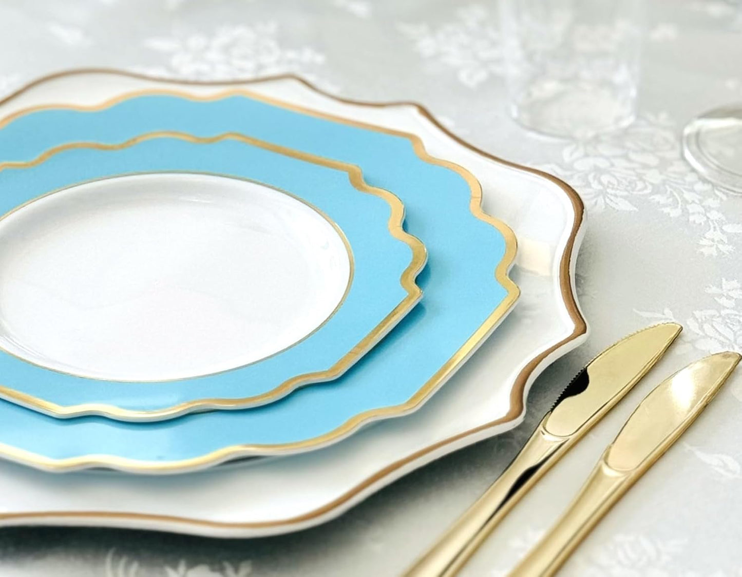 " OCCASIONS " 240 Plates Pack (120 Guests) Heavyweight Wedding Party Disposable Plastic Plates Set -120 x 10.5'' Dinner + 120 x 8'' Salad/Dessert Plate (Imperial Aqua/Gold)