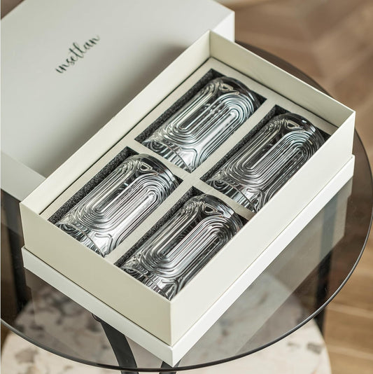 INSETLAN Vintage Art Deco Glassware | Glass Cups Set of 4 | 14 Oz Thick Bottom Cocktail Glasses, Highball Glass Fabulous Box, Embossed Ripple Glassware, for Water, Wine, Juice, Mixed Drinkware