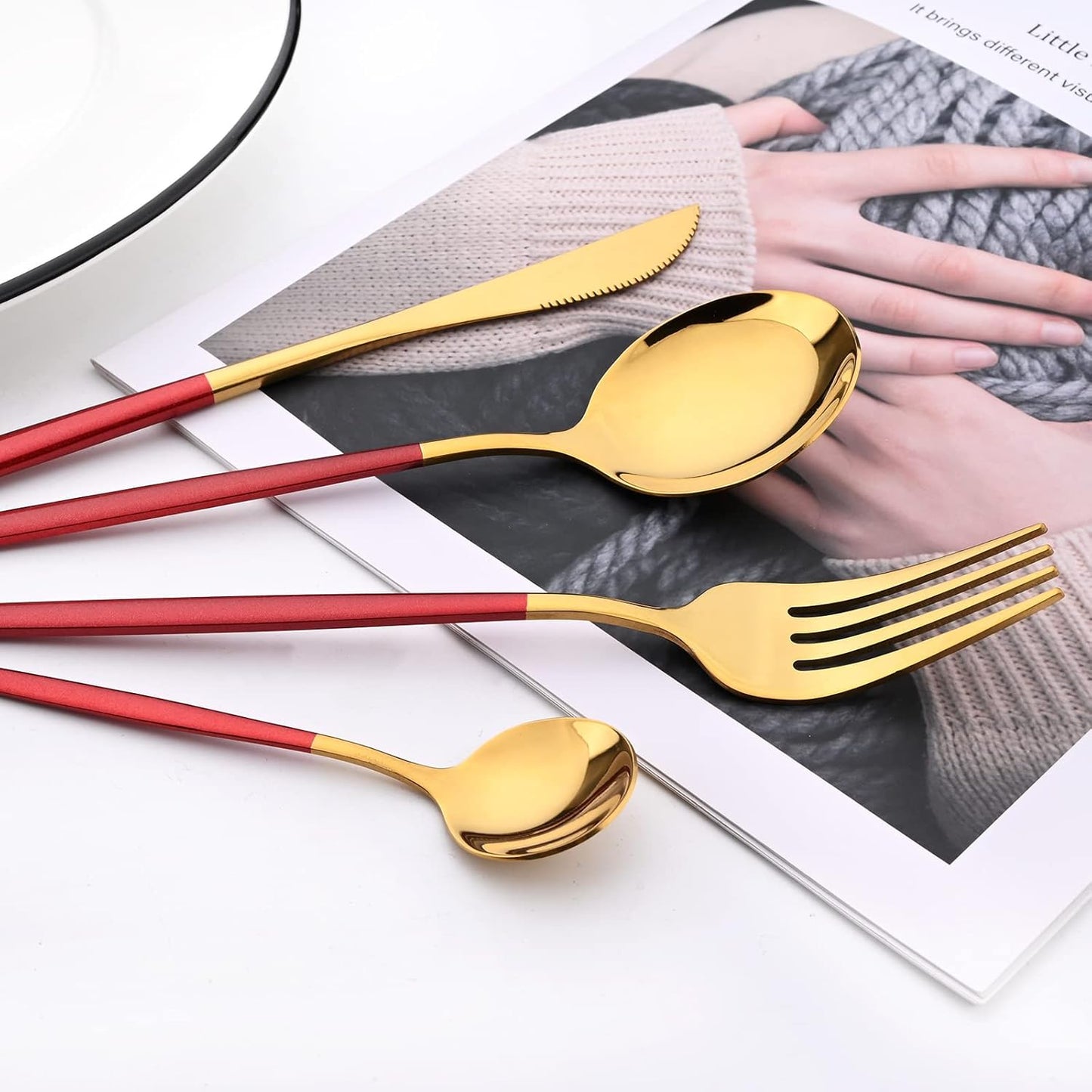 Mirror Cutlery Serving Set, 24-piece 18/0 Stainless Steel Silverware With Red Handle Simple & Modern Tableware For Home Party Restaurant Christmas Dinner, Service For 6 (Red Gold)